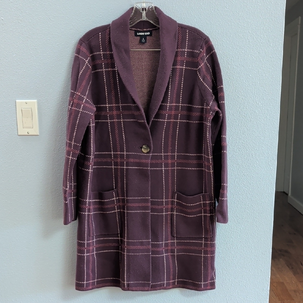 Lands' End Women's Purple Plaid Cardigan Coat